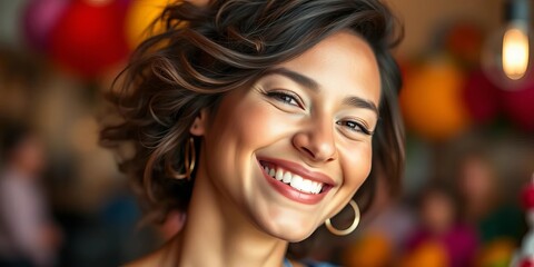 Fototapeta premium Smiling face in sharp focus, joyful background blur, group, carefree