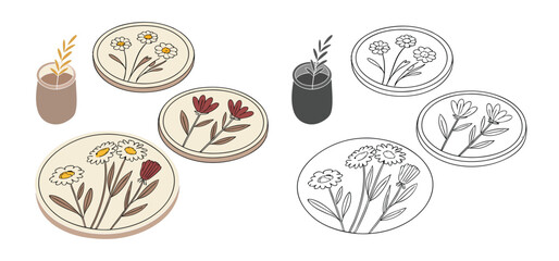 Illustrated floral coasters and vase in color and line art for decorative or design purposes on white background