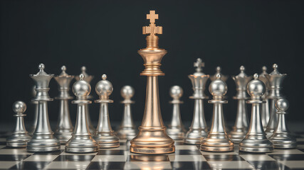 King golden chess standing confront of the silver chess team to challenge concepts of leadership