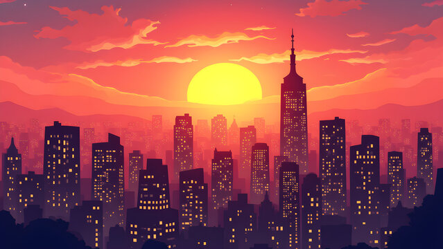 Vibrant city skyline at sunset.