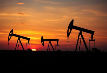 Silhouetted oil pump jacks at sunset, vast oil field , silhouette, refinery