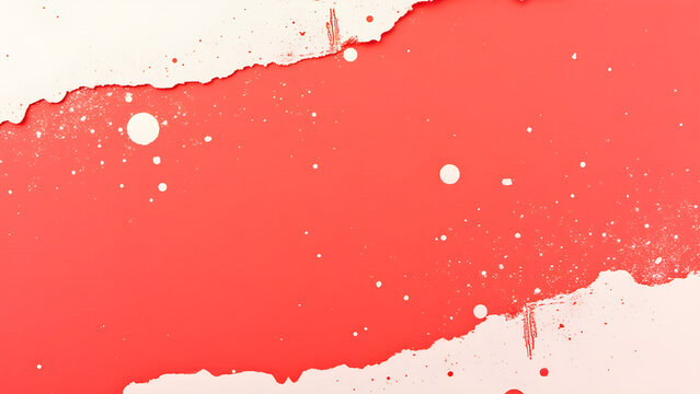 Abstract composition with torn red paper and white paint splatter design