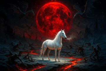 White Horse Before Blood Moon Surrounded by Demons – Biblical End Times Symbolism of Revelation and Spiritual Warfare