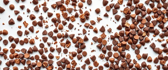 Scattered fragments of broken chocolate chips viewed from above on a white background,  broken chocolate,  sweet