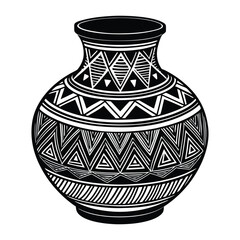 Intricate black and white illustration of an earthenware vase adorned with geometric tribal patterns for design elements.