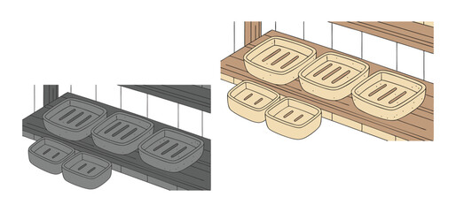 Isometric illustration of multiple soap dishes arranged neatly on different wooden shelves with contrasting colors