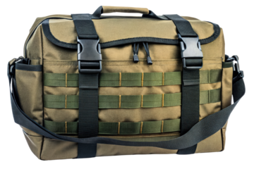 Rugged utility bag featuring front webbing and secure buckles isolated with transparent background