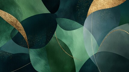 Lush green and gold abstract composition with overlapping shapes and flowing lines, elegant design