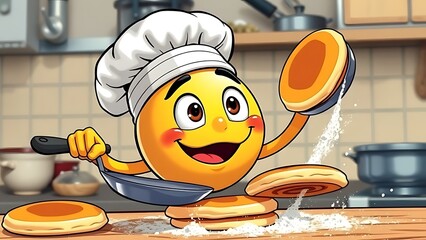 Cheeky Cartoon Chef Emoji Flipping Pancakes in a Kitchen, Symbolizing Cooking Fun, Delicious Breakfasts, and Culinary Joy