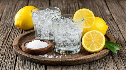 Refreshing sparkling water with lemon slices and salt.