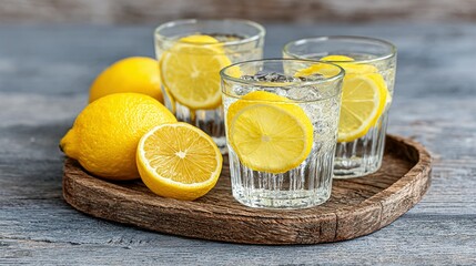 Refreshing lemon water in glasses on a wooden tray.