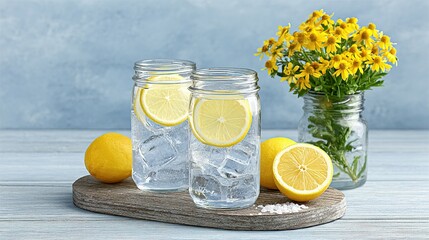 Refreshing water with lemon slices and ice.