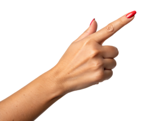 Woman's hand pointing finger gesture isolated on a white background