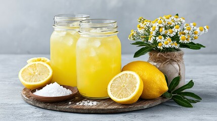 Fresh lemonade with lemons and chamomile flowers.