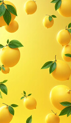 Fresh lemons with green leaves arranged around a vibrant yellow background, creating a natural frame with empty space in the center. Ideal for summer, citrus, food, drink, or wellness-related concepts