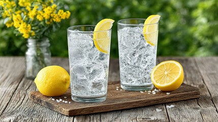 Refreshing lemon-flavored sparkling water in glasses.