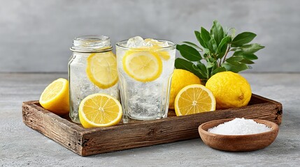 Refreshing lemonade with ice and sliced lemons.