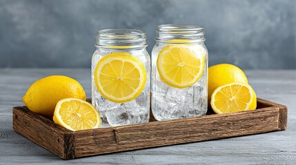 Refreshing lemon water in mason jars on a wooden tray.