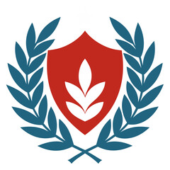 Red shield with wheat and laurel wreath emblem