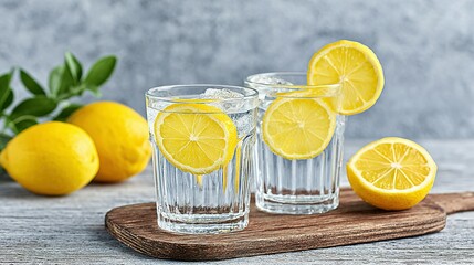 Refreshing lemonade in glasses with lemon slices.