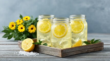 Refreshing lemonade in mason jars with lemon slices and ice.