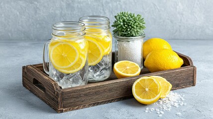 Refreshing lemon water in mason jars with fresh lemon slices and ice.