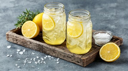 Refreshing iced lemon drinks on a rustic wooden tray.