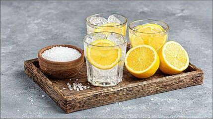 Refreshing drinks with lemon slices and ice.