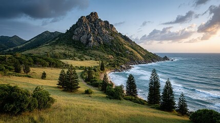 Scenic coastal vista with a rocky peak and tranquil waves.