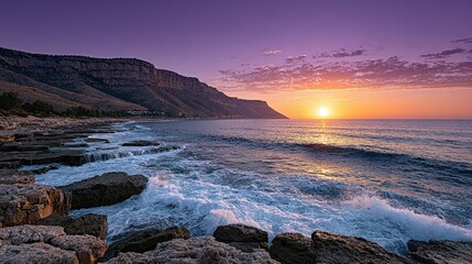 Dramatic sunrise over a rocky coastline.