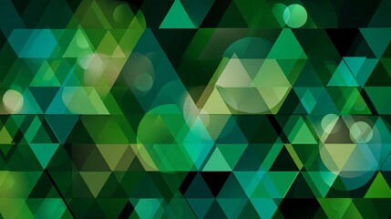 A vibrant abstract geometric design features overlapping triangles and circles in shades of green.