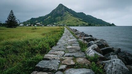 A stone pathway leads to a tranquil bay.