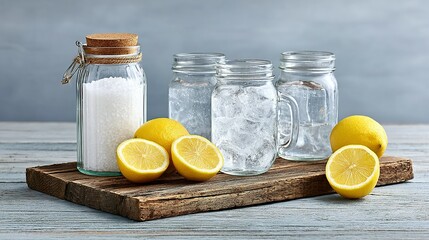 Several mason jars filled with ice water and lemons on a rustic wooden board.