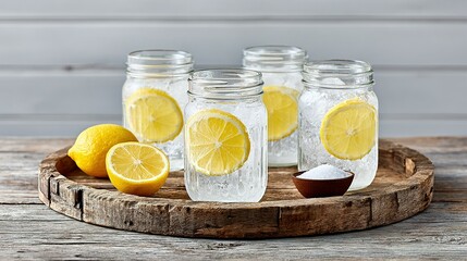 Refreshing lemonade in mason jars on a wooden tray.