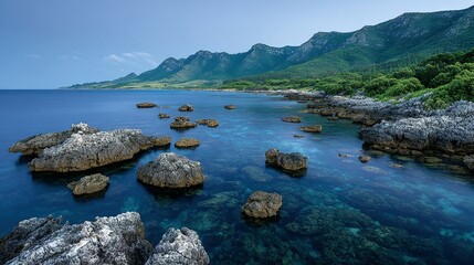 Rocky coastline with clear turquoise water and lush green mountains.