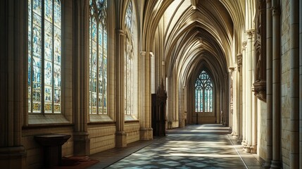 Sunlit Gothic Cathedral Cloister: A Serene Architectural Masterpiece