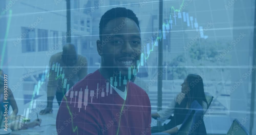 Poster presenter in red sweater navigating rising stock chart while animated overlay sparking team insight