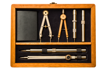 Professional drafting tools neatly arranged in a wooden box isolated with transparent background