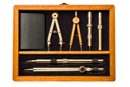 Professional drafting tools neatly arranged in a wooden box isolated with transparent background