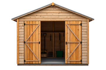 Classic wooden garden shed with double doors for storage isolated with transparent background