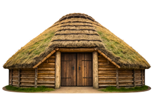 Traditional thatched roof hut with wooden doors for rustic charm isolated with transparent background