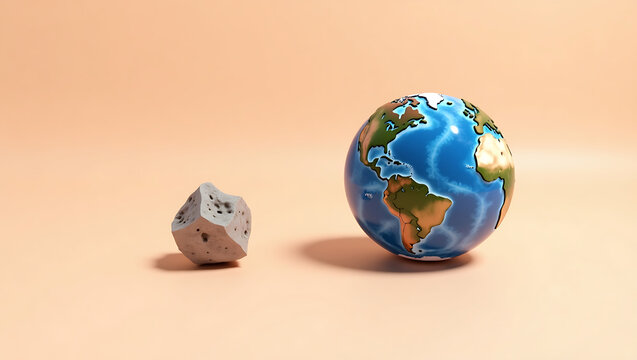 A clean and simple digital rendering comparing the size of a world globe to a smaller, textured asteroid on a neutral background - Powered by Adobe