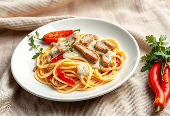 Creamy rabbit tagliatelle with peppers, served on a white plate against a textured fabric background,  fresh,  dish