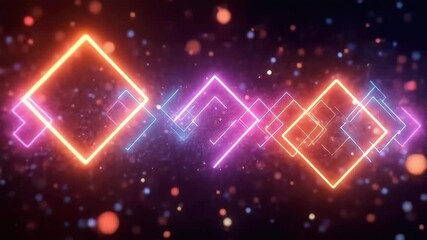 Abstract motion background glowing neon squares rotating with colorful particles for visual effect presentations.