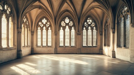 Fototapeta premium Sunlit Gothic Hallway: Architectural Grandeur