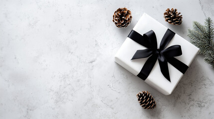 Minimalist Christmas Flatlay: White Gift Box with Black Ribbon and Pine Cones
