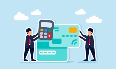 Businessman holding calculator and another arranging credit or debit card illustration of business income and expense calculation