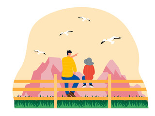 Father and son sitting relaxed on a wooden fence looking at birds flying. Bird watch illustration. Flat vector illustration.
