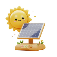 3D cartoon solar panel with sun in eco-friendly style, clean energy and sustainability concept, isolated on a transparent background, png, cutout