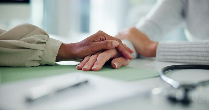 Trust, support or patient holding hands with doctor for client empathy, cancer diagnosis or sympathy. Therapy, people or person with stress, help or psychologist in counselling session for advice